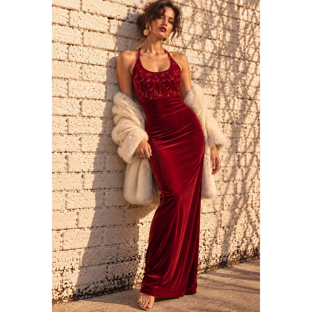 Vintage Fashion 1001 Nights Red Velvet Halter Maxi Dress Open Back 90s 9/10